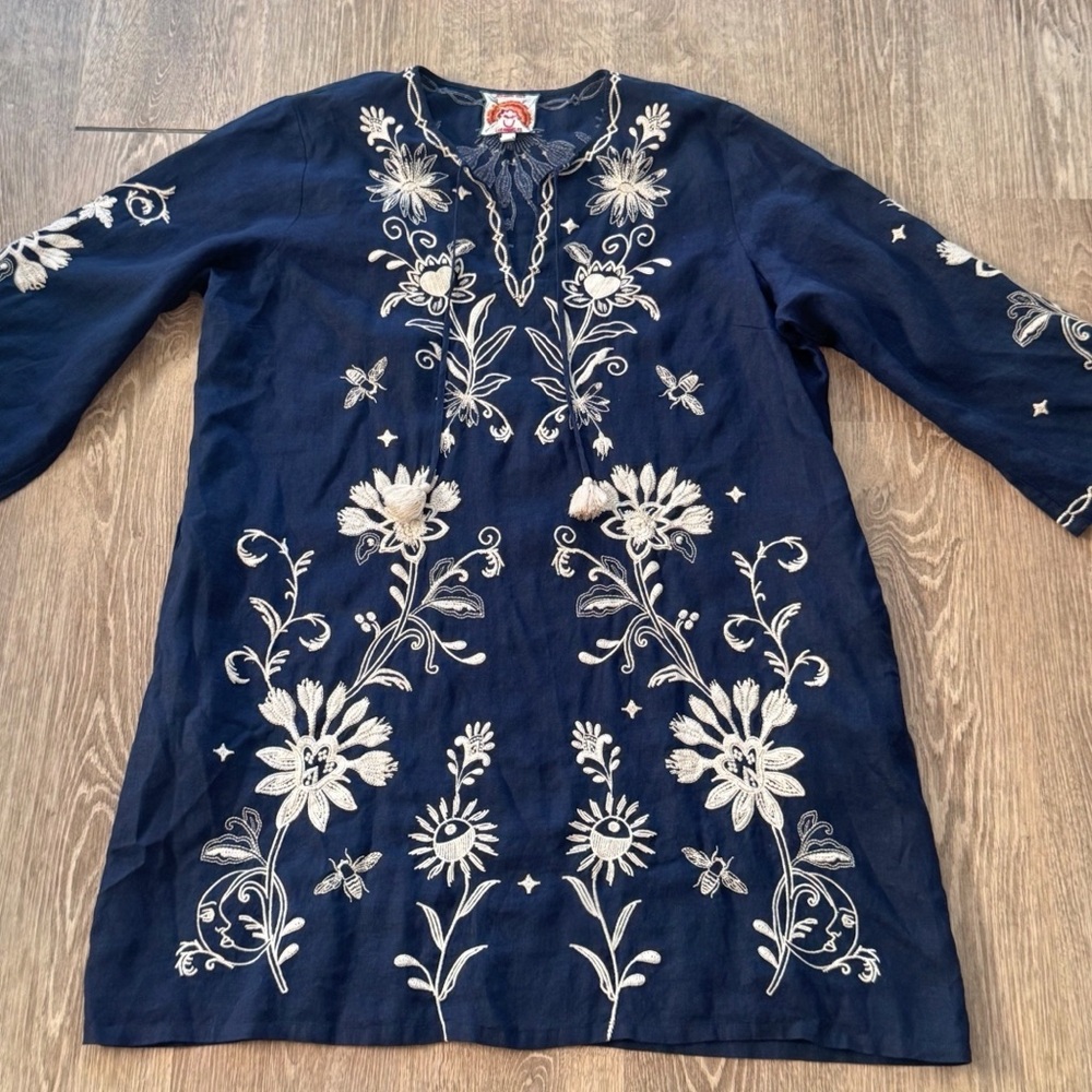 Johnny Was Midnight Blue and Cream Floral Midi Dress - Picture 5 of 11